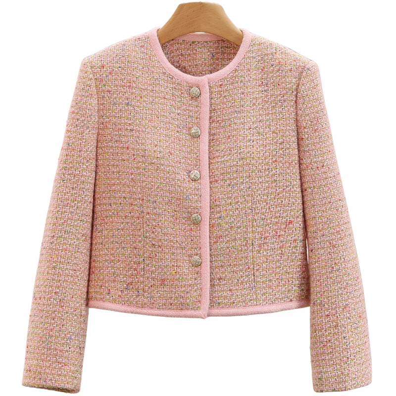 F6067-【衣香】甜美格纹修身圆领短款毛呢外套#WYL58W019