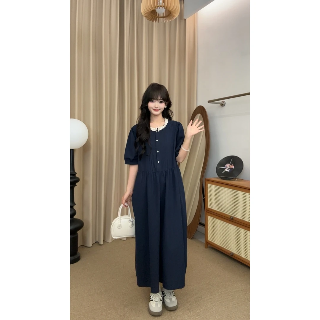 【璟衣服饰】蕾丝花边拼接圆领捏褶设计中长款显瘦百搭连衣裙Z1882