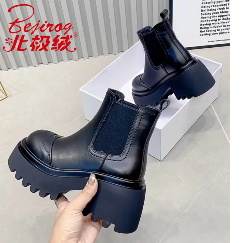 欧洲站2025秋冬新款真皮套脚短靴圆头厚底增高切尔西靴英伦风女鞋