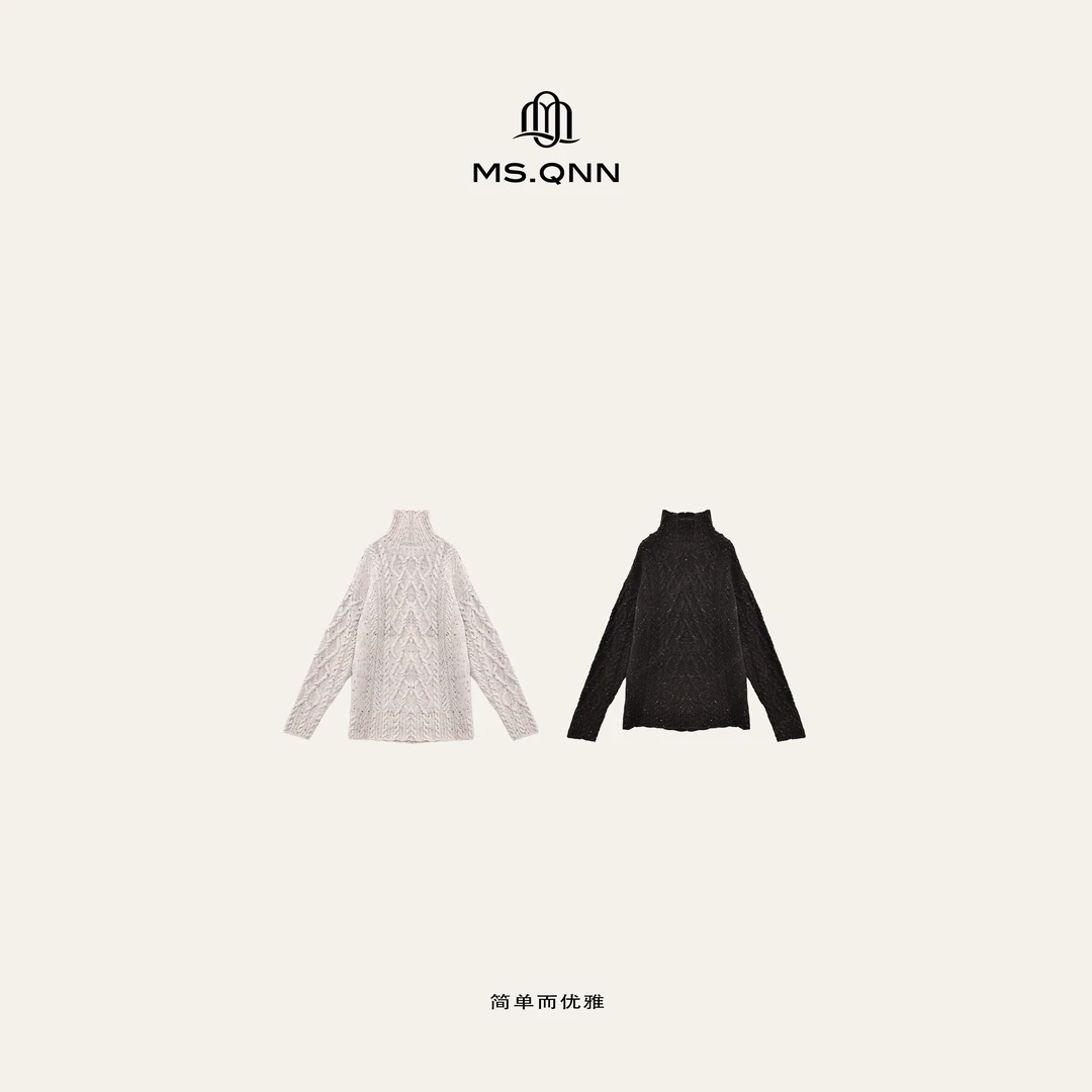 Ms.Qnn“暖意点纱”意国进口纱线羊毛绞花半高领针织衫 37T2022 Q姐