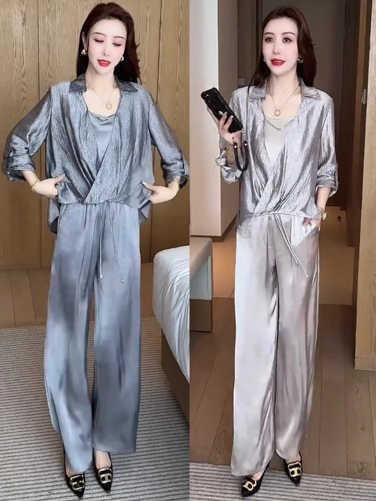 三件套时尚套装女2025春夏新款洋气显瘦长袖衬衫吊带阔腿裤减龄风