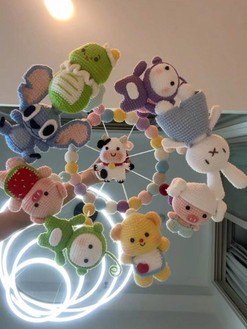 宝宝床铃挂件毛线钩织马卡龙色系玩偶动物摇铃手工diy材料包摇铃