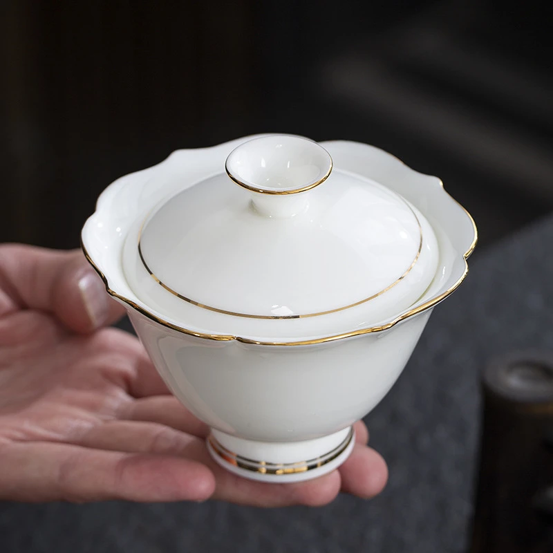 羊脂玉异形盖碗德化白瓷大小号三才碗陶瓷茶具家用功夫茶盖碗茶碗