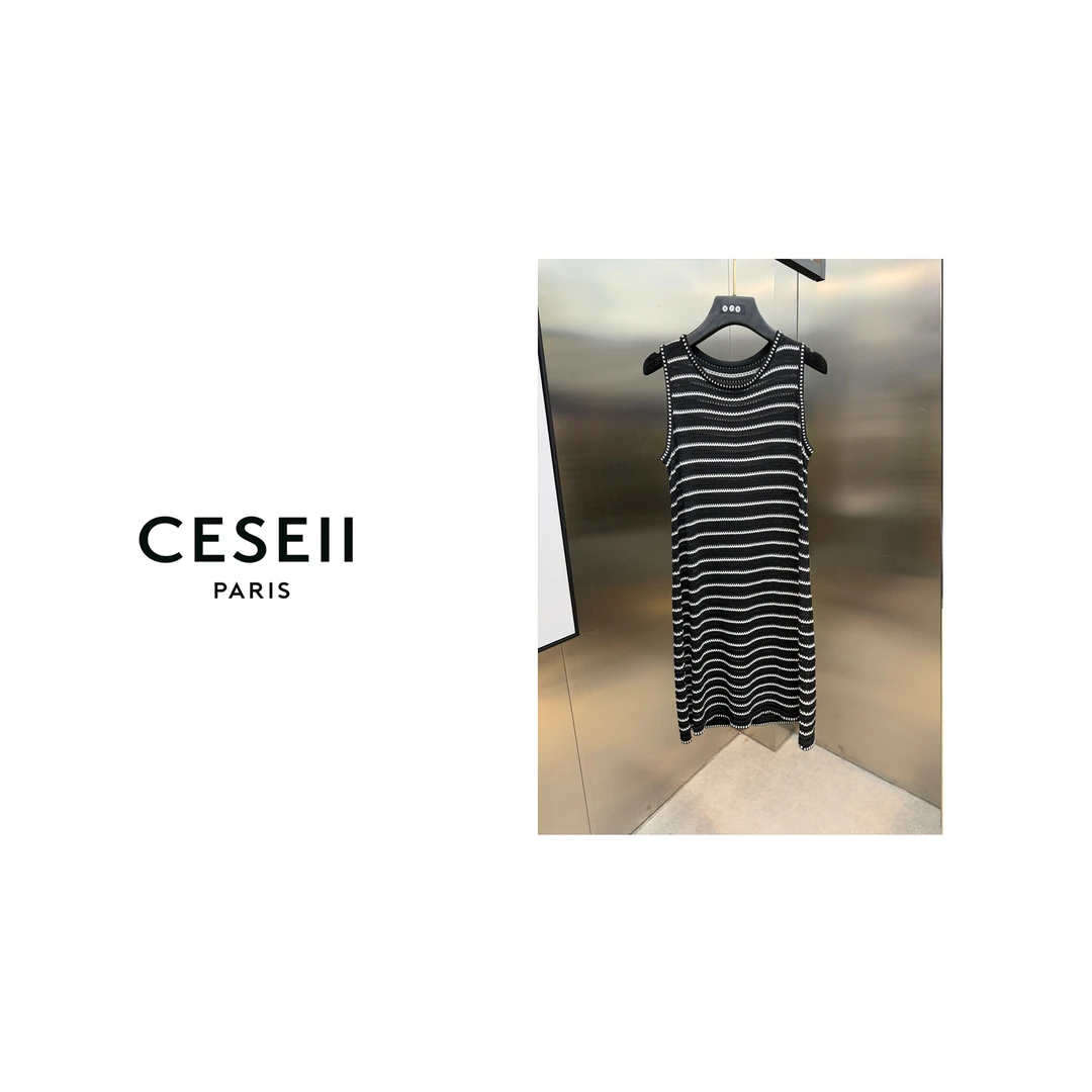 【25XJ073】CESEII25春夏时尚高弹不起球显瘦条纹控短袖长款连衣裙