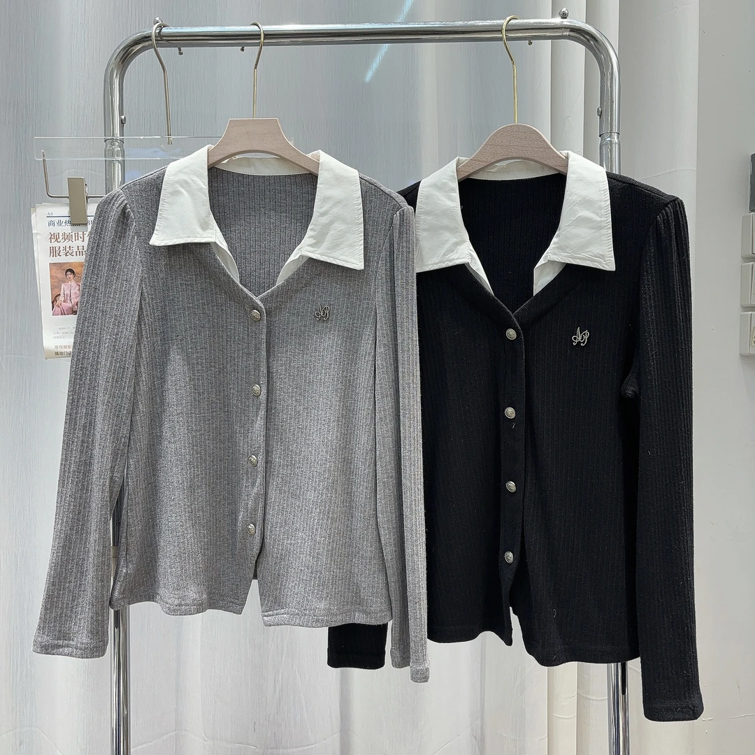 TU姐 春季大码复古学院风辣妹短款正肩针织衬衫领假两件拼接上衣