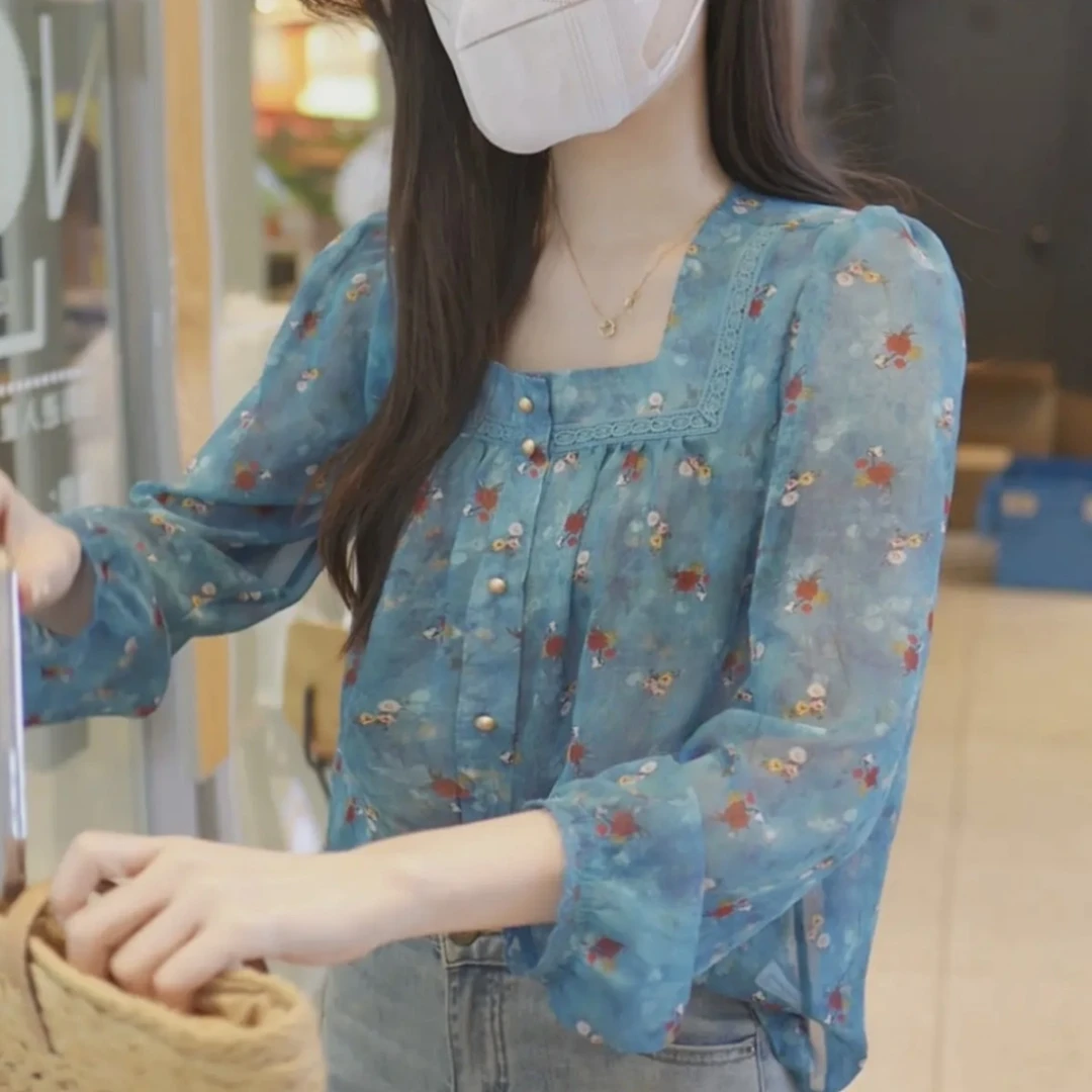 设计感小众洋气别致方领碎花长袖衬衫女2025夏款甜美宽松小衫上衣