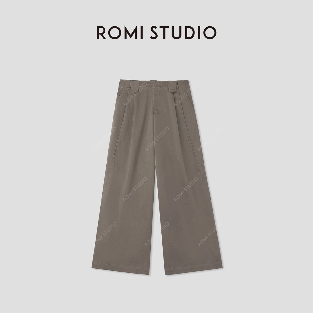 ROMI STUDIO“舒适松弛”复古细纹棉弹力高腰阔腿休闲裤RWCAX64657
