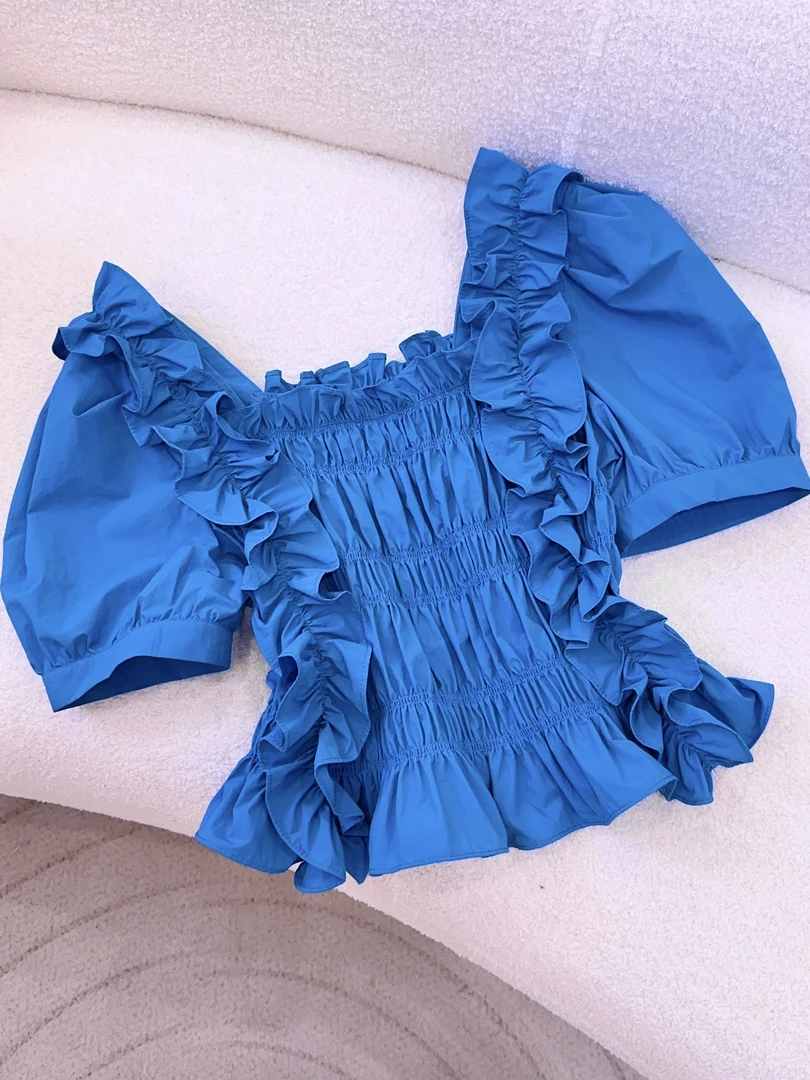 丨春季新款小众收腰显瘦木耳边泡泡袖一字肩 QJR0631