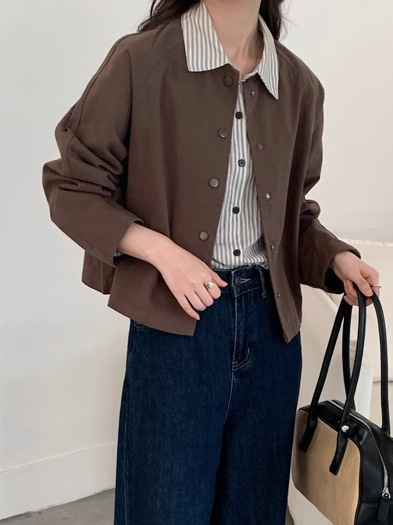 秋季韩系圆领宽松休闲显瘦百搭短外套设计感小众夹克小个子上衣女