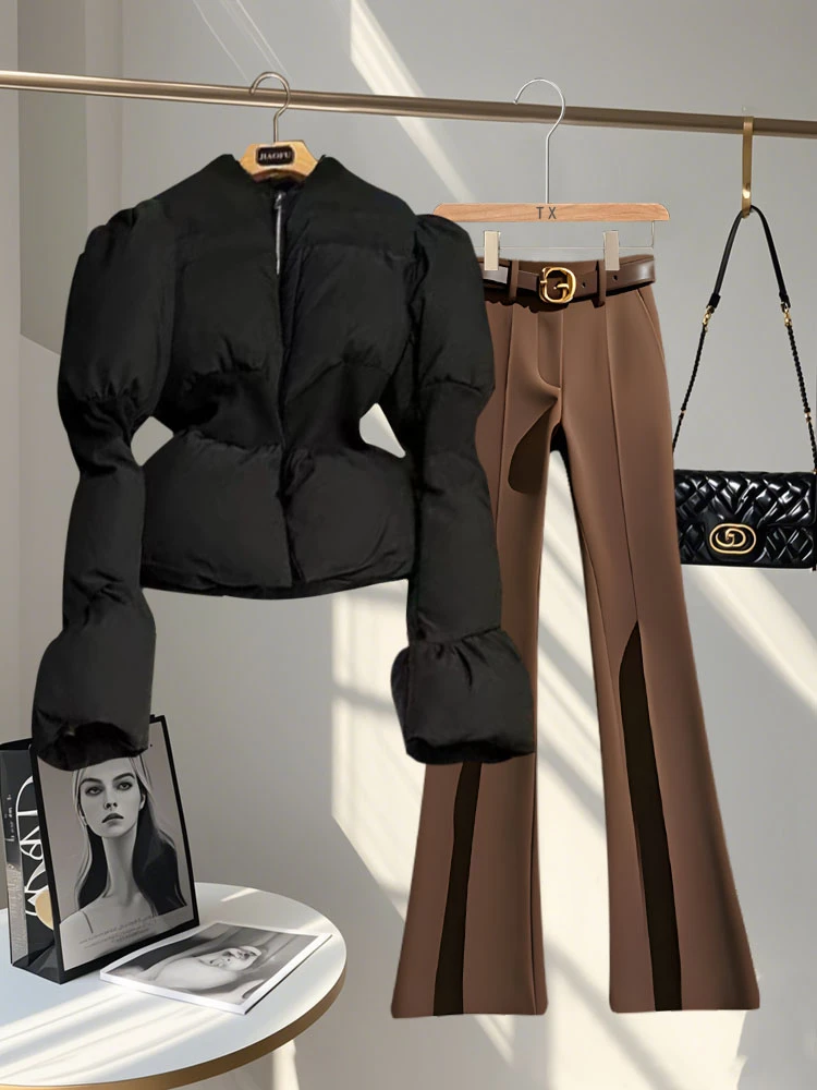 2025秋冬季新款一整套女装高级感独特小众棉服外套气质微喇裤套装