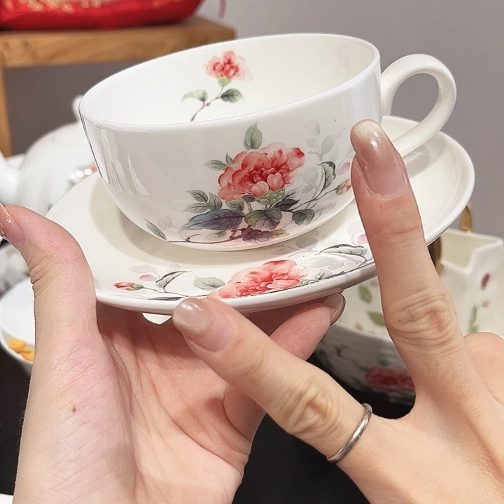 瓷片山茶花咖啡杯碟2套