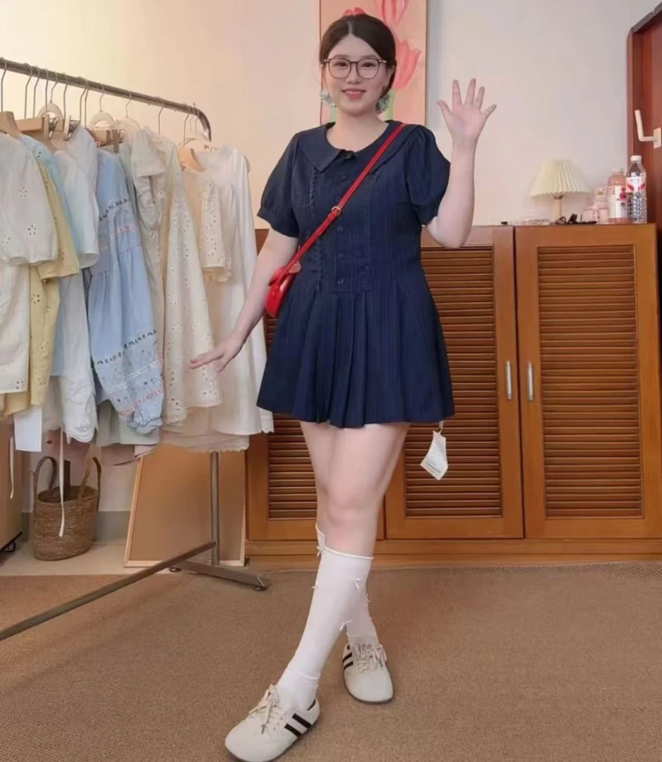 学院风泡泡袖衬衫连衣裙胖MM夏季法式气质收腰甜美短裙同面料短裤
