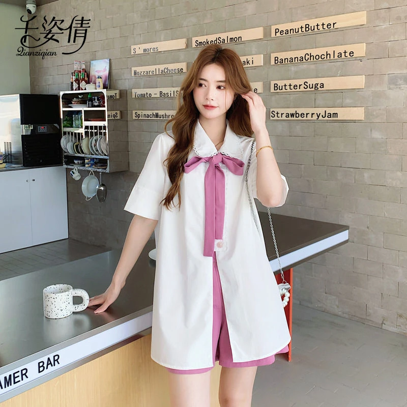 可盐可甜撞色蕾丝边衬衫套装女夏2025新款显瘦粉色阔腿短裤两件套