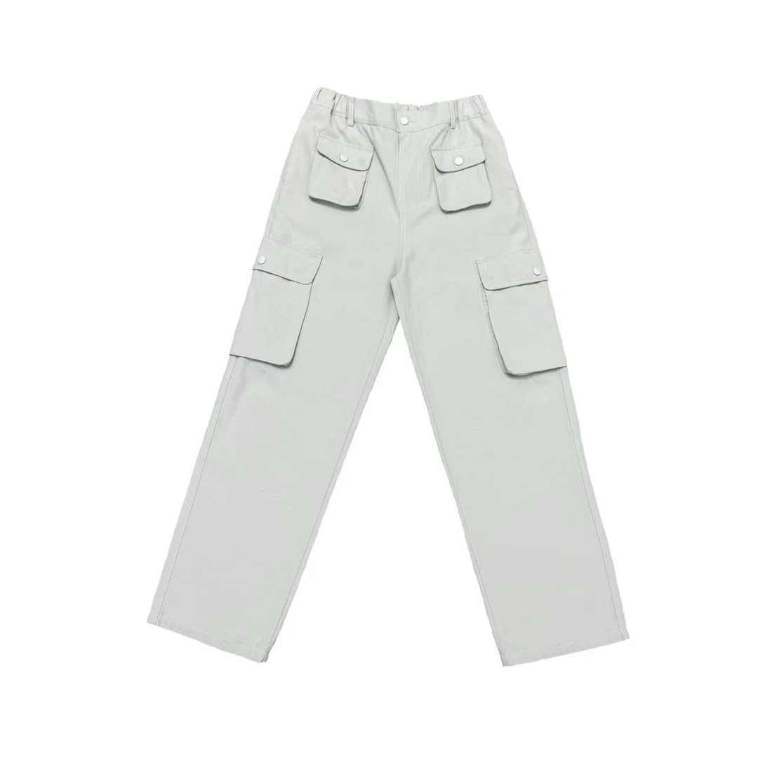 [MQ]浅米色水洗大口袋设计款直筒时尚休闲百搭休闲裤（春日满满）