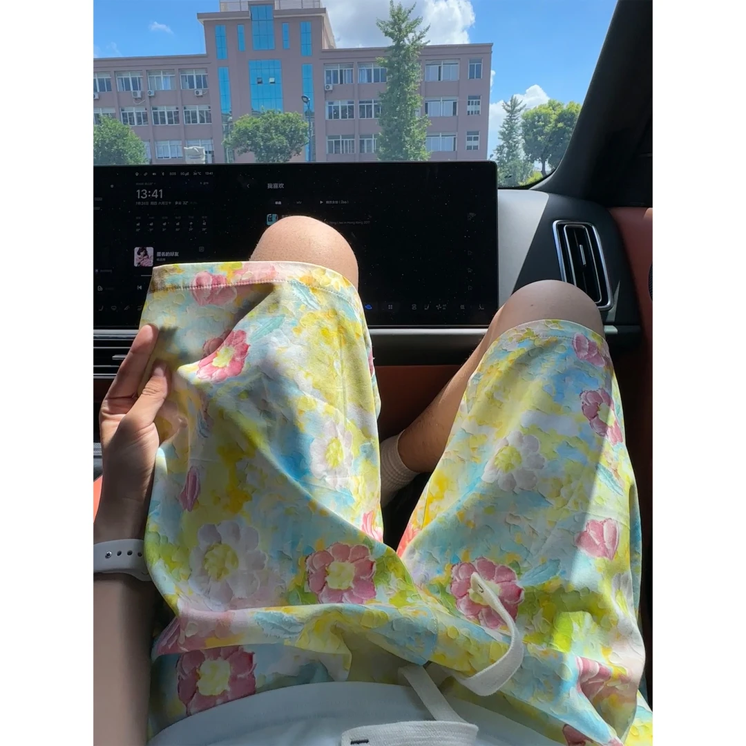 油画风小花短裤男女夏季薄款情侣无性别夏威夷裤子潮牌宽松五分裤