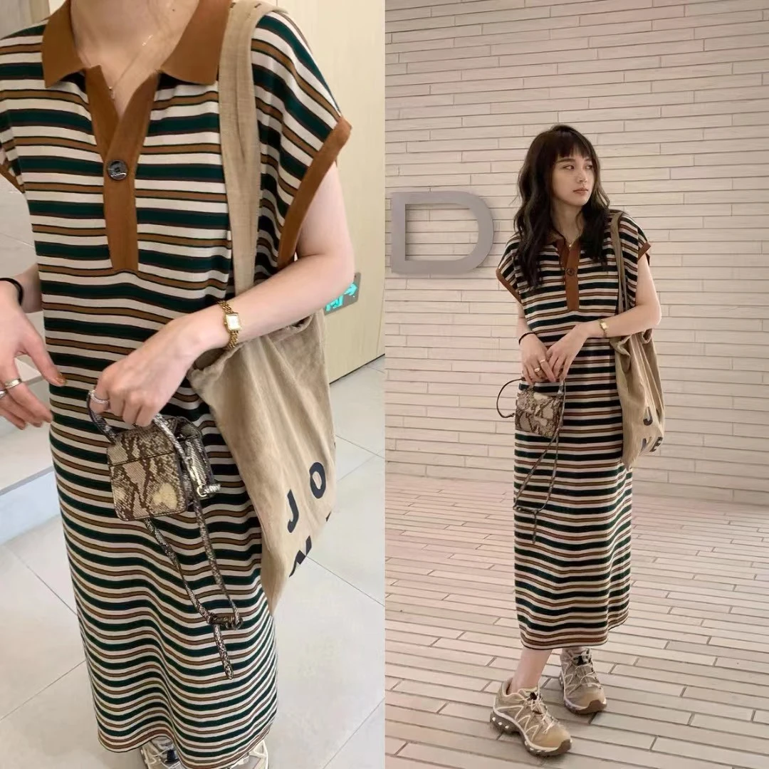 Y3553#3.20针织撞色条纹POLO孕妇连衣裙夏季慵懒休闲孕妇产后哺乳