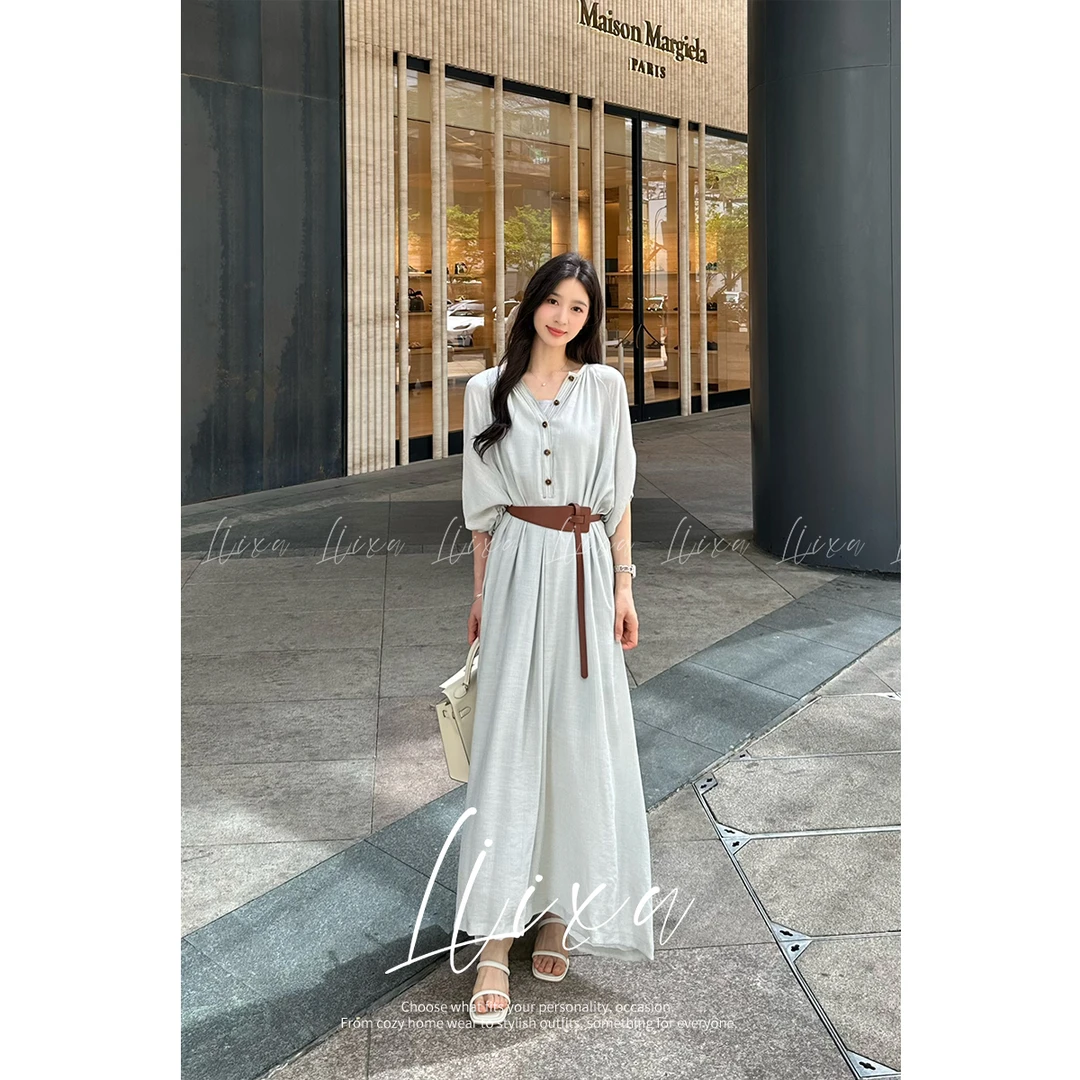 Liixu度假风半袖连衣裙女夏季宽松显瘦裙子a字长裙三件套24Q070