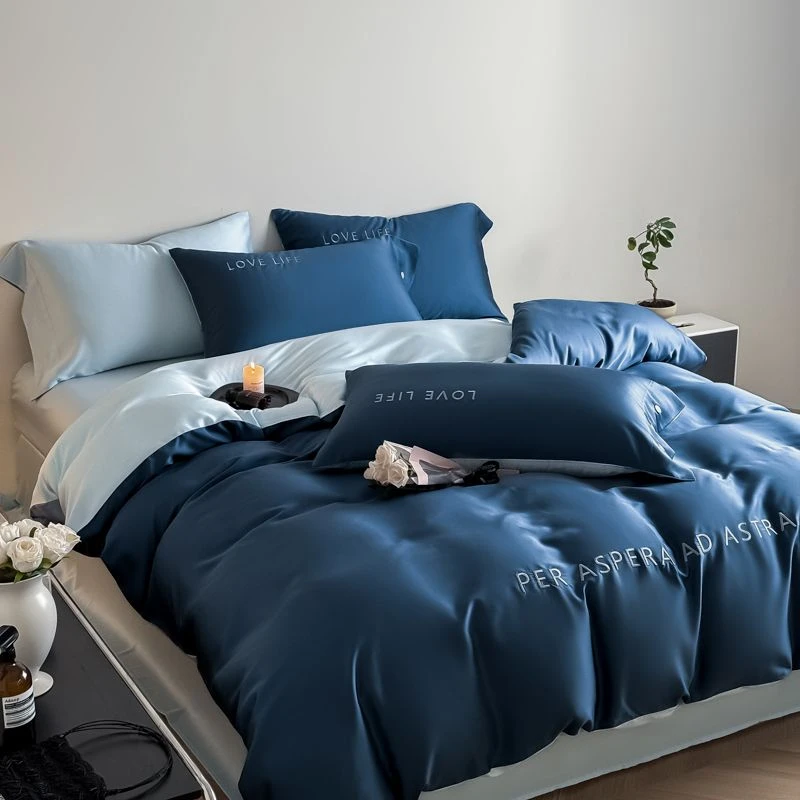 轻奢高级感冰丝刺绣四件套夏天丝滑裸睡床上用品被套床单人三件套