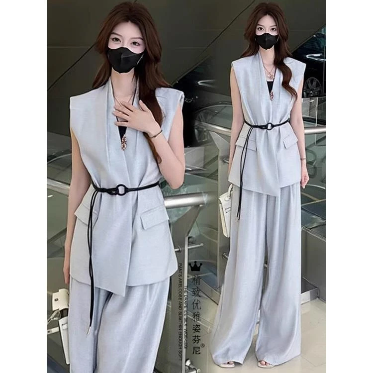 高级感时尚西装套装女夏季新款收腰无袖上衣马甲外套阔腿裤两件套