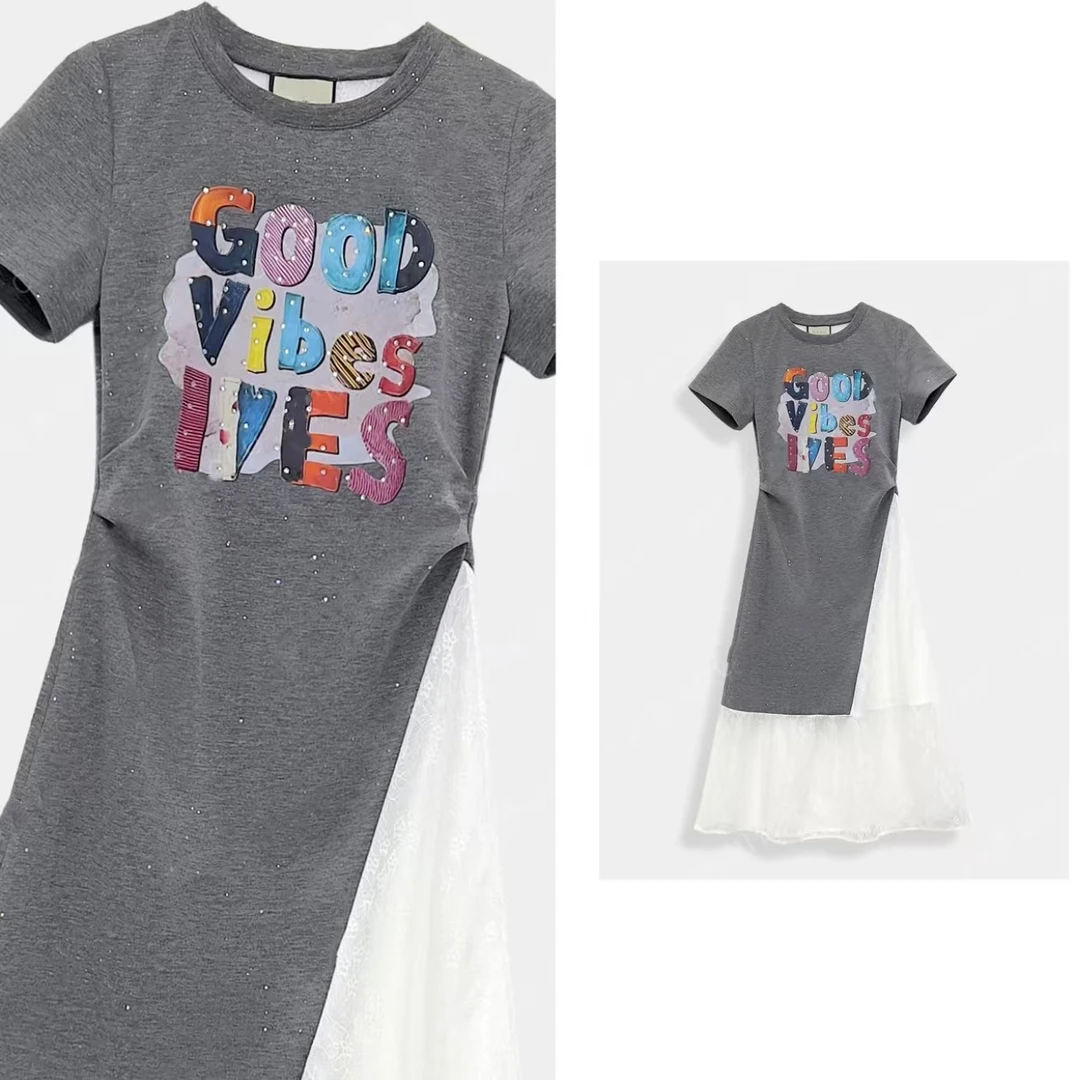 新款重工烫砖设计原创女装拼接褶皱收腰显瘦减龄夏日连衣裙