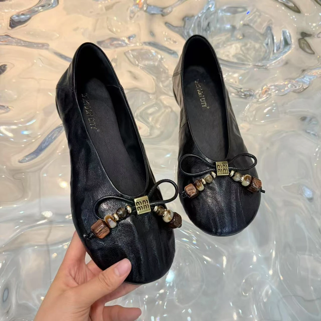 M家新款法式蝴蝶结原石点缀软底圆头纯色时尚女鞋MX413-1