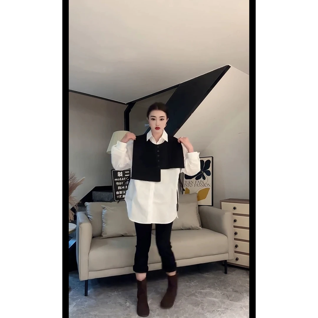 西服马甲＋衬衫两件套中长款冬季V领衬衫秋冬撞色甜辣千金风