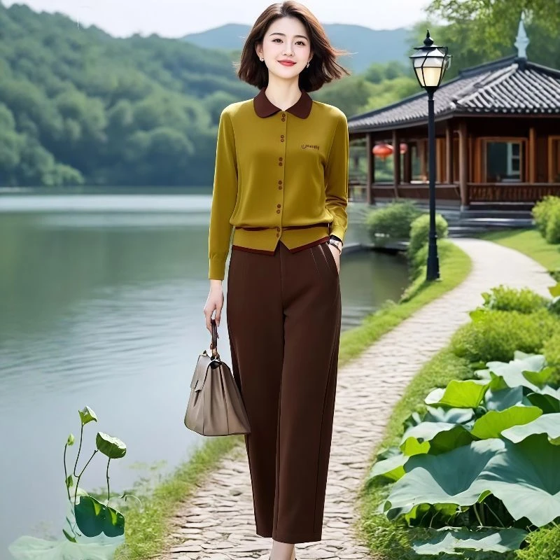 流行设计款2025年新款高级感撞色翻领针织衫休闲气质裤子两件套