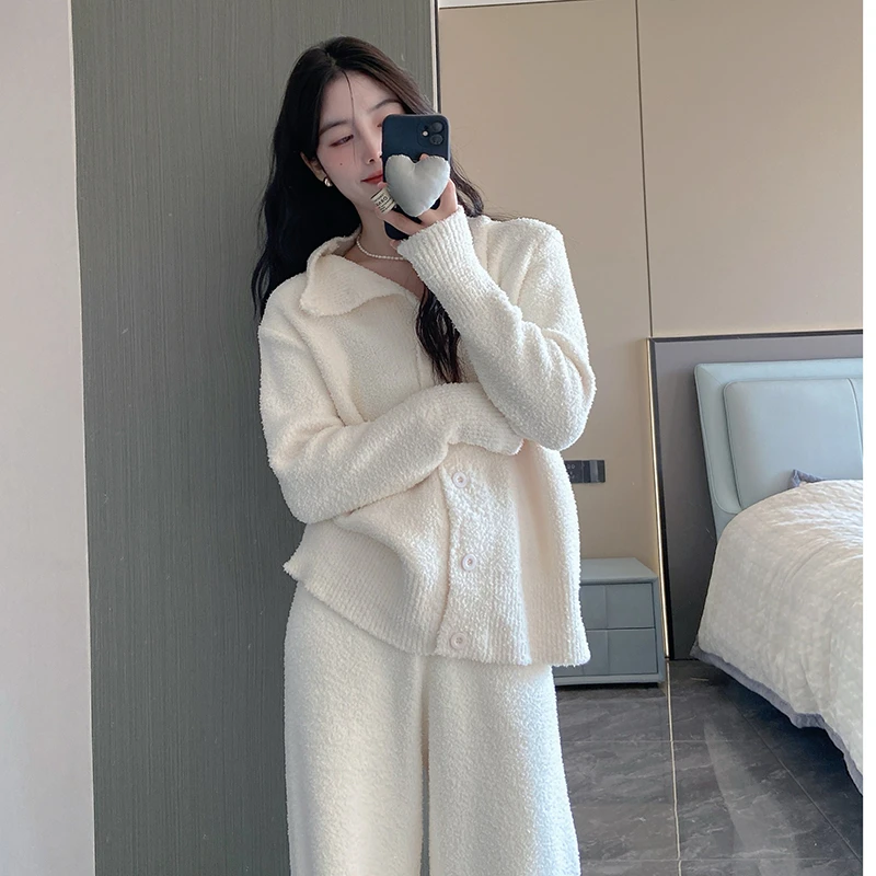 2025软绵绵睡衣女冬季新款加厚保暖半边绒开衫白色冬天家居服套装