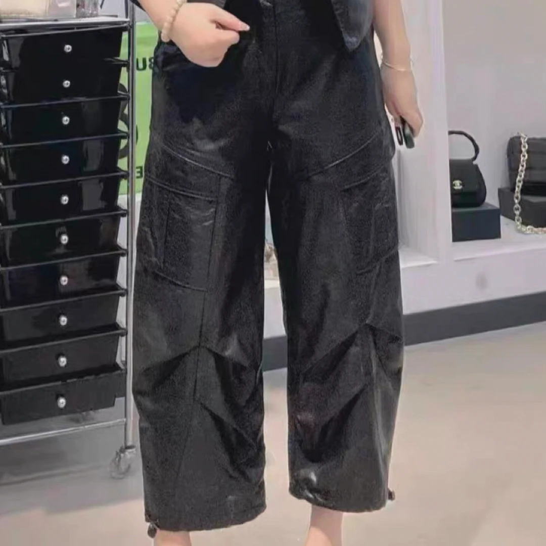 可调节宽窄裤脚真皮皮裤女新款宽松显瘦工装裤百搭休闲哈伦九分裤