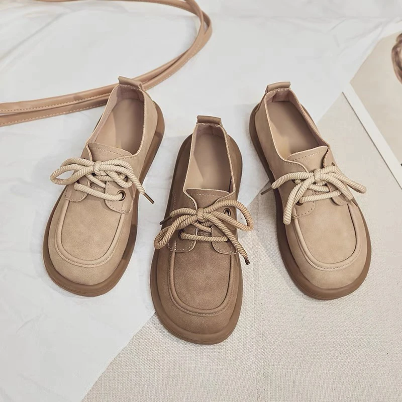复古英伦风勃肯鞋女系带大头豆豆单鞋舒适乐福鞋