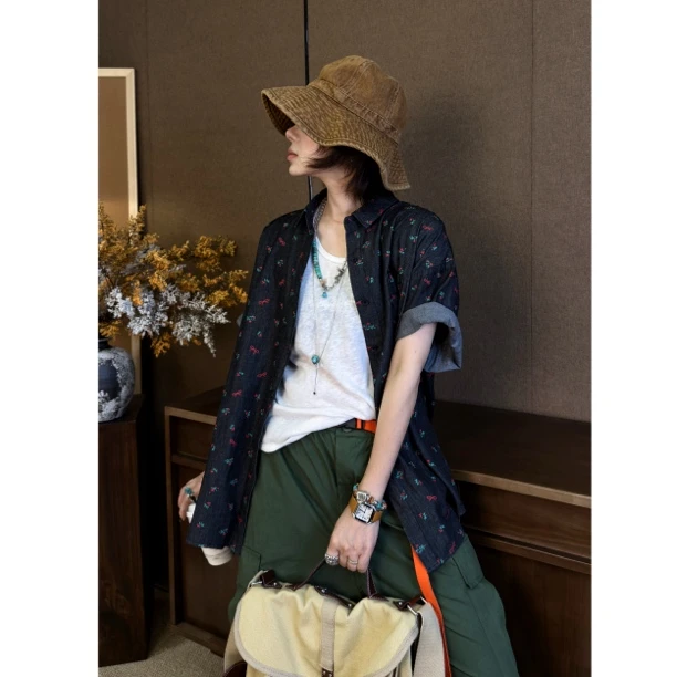 HY1987罗罗夏季短袖碎花翻领衬衫牛仔百搭复古薄款设计感衬衣