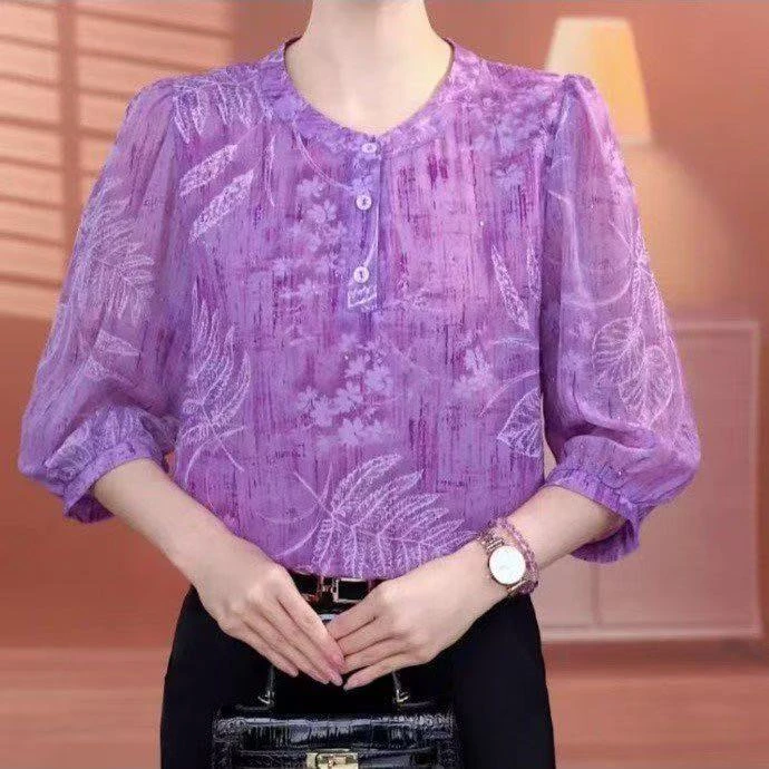 【高品质】夏季新款七分袖印花冰丝衬衫胖mm遮肚宽松雪纺防晒小衫H