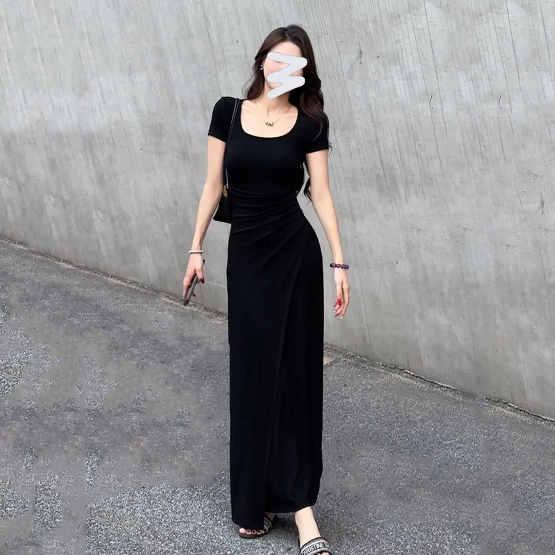 法式气质抽褶收腰短袖连衣裙女2025夏季新款修身显瘦长款包臀裙子