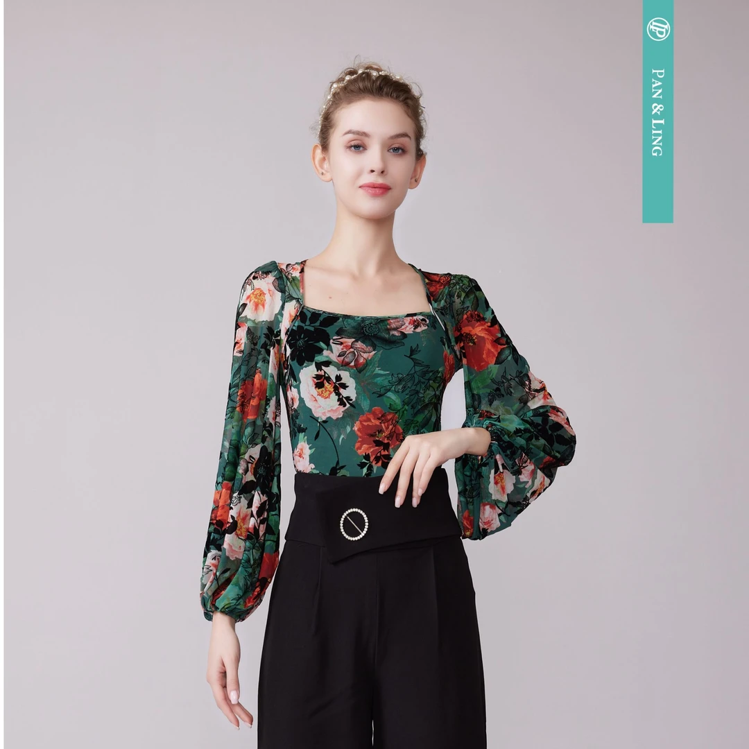 【LP舞服】原创设计-方领灯笼袖上衣修身显瘦气质