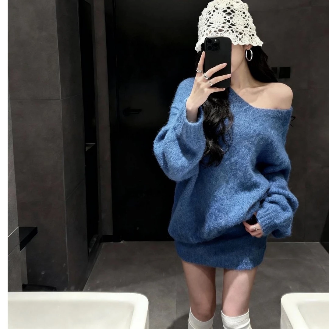 慵懒风露肩性感针织上衣宽松网红纯欲风宽松包臀裙短裙半身裙套装