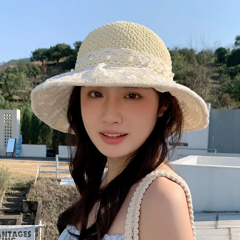 夏季女渔夫帽遮脸遮阳防紫外线针织碎花圆顶甜美时尚蕾丝太阳草帽