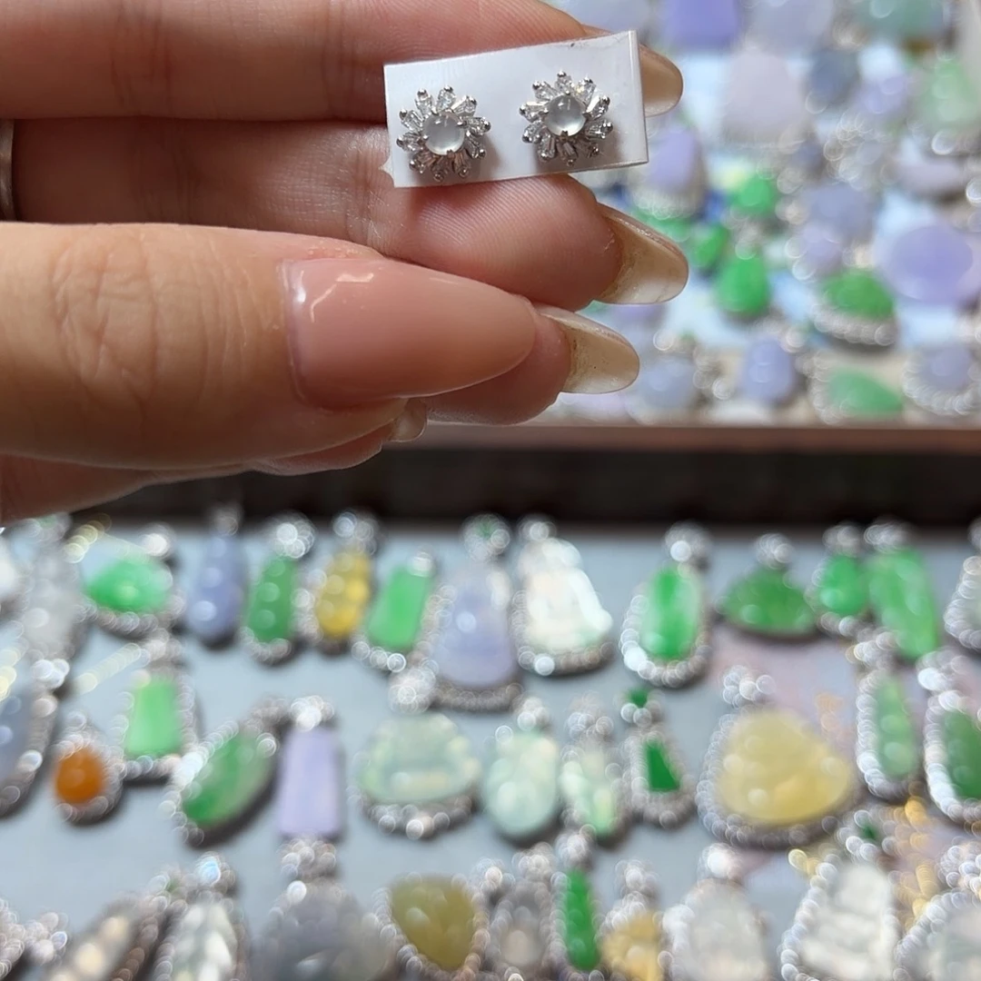 翡翠银S925镶嵌耳钉