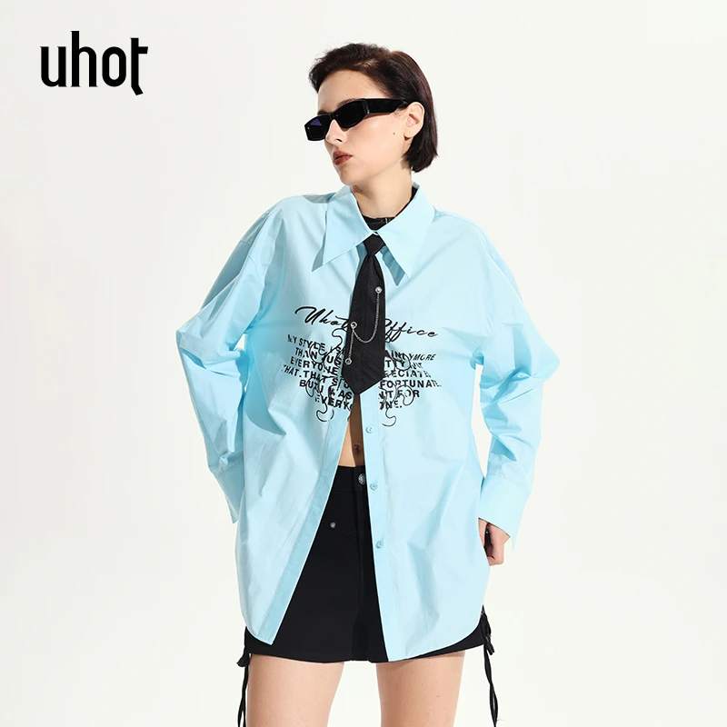 UHOT薄荷曼波蓝字母印花后背开叉系带长袖衬衫女配：领带UWWR5C458