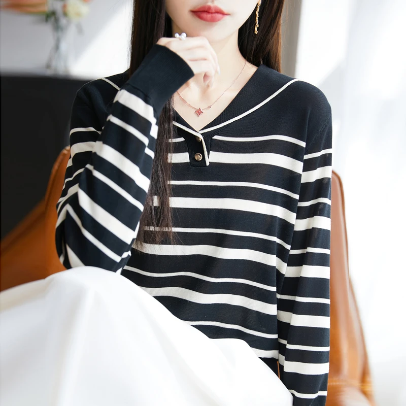 春夏季长袖 莱赛尔天丝针织帽衫女 条纹连帽上衣