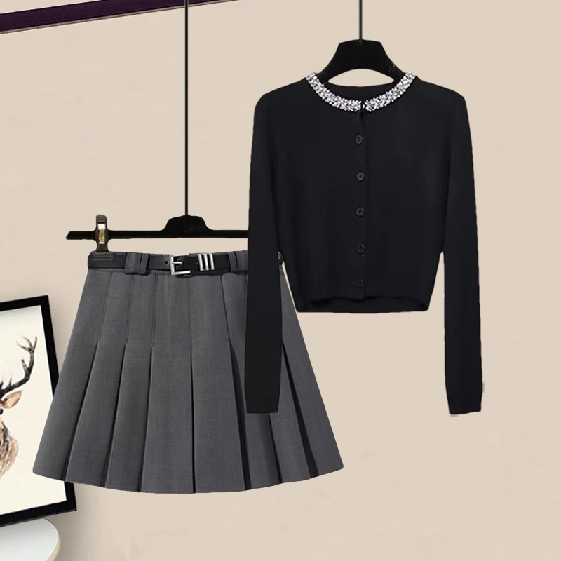 2025新款韩系设计感重工钉珠圆领长袖针织衫高腰百搭半身裙套装女