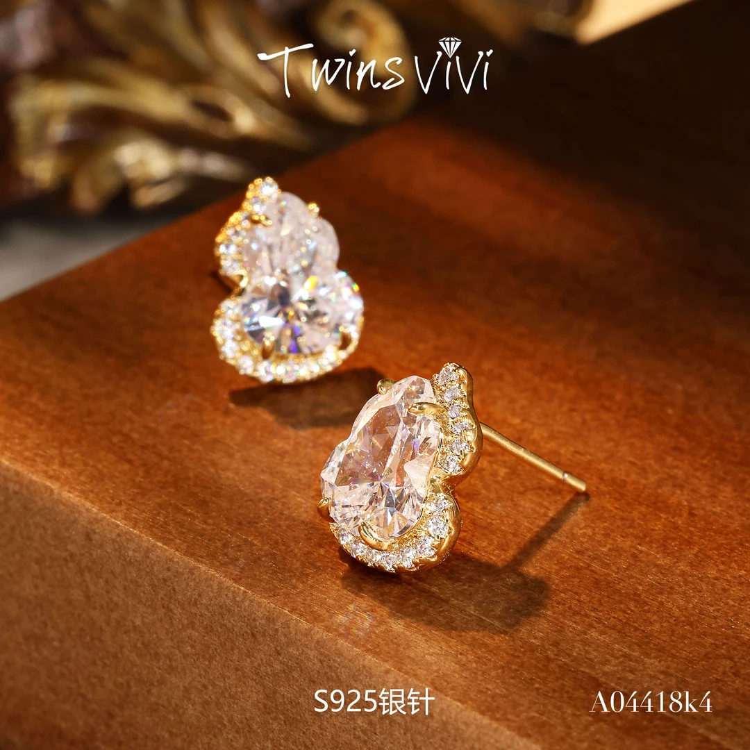 铜合金合成锆石耳饰 Twins VIVI   绿色/金色葫芦耳钉/A04418