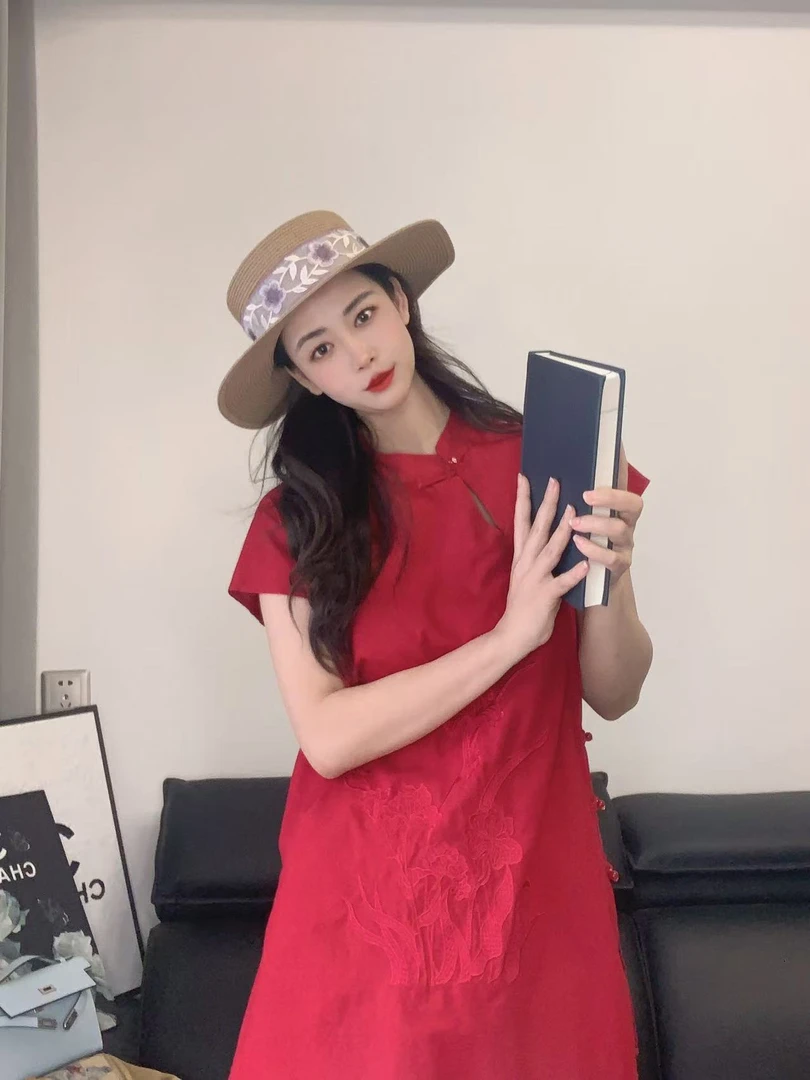 九月   夏日芒种   新中式刺绣百搭宽松小飞袖亚麻中长款裙