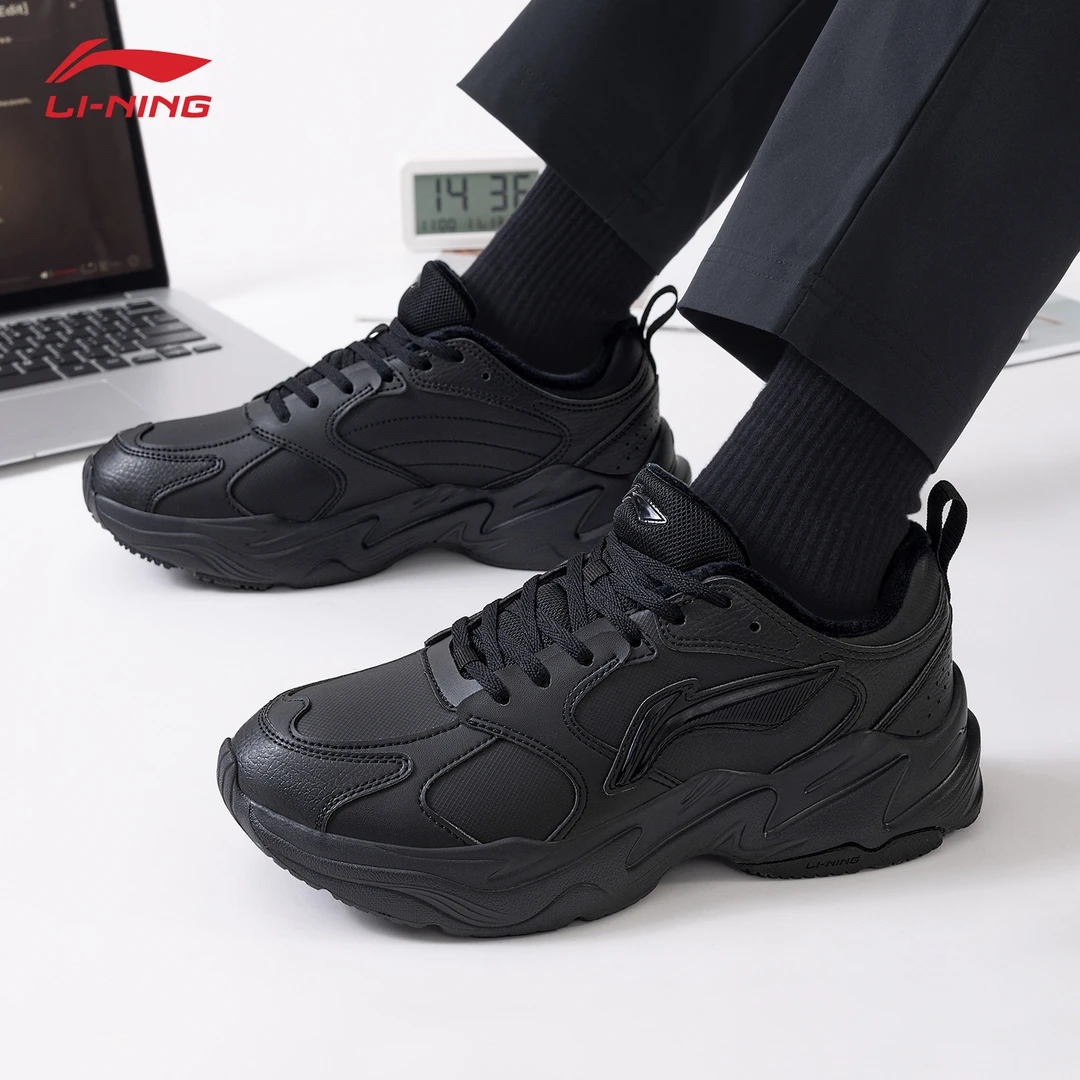 李宁脉冲男款老爹鞋2025冬季加绒保暖厚底增高舒适百搭黑色运动鞋