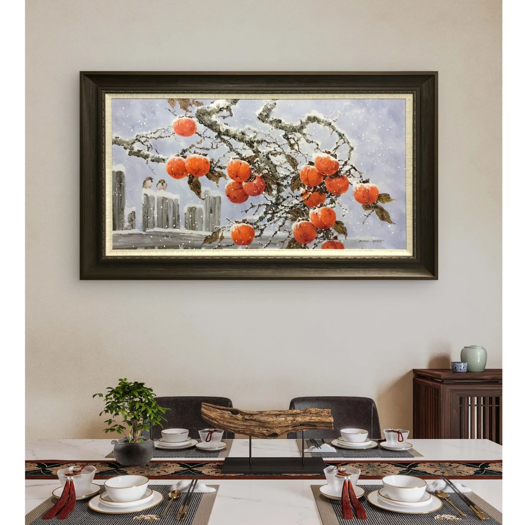 朝鲜画家李石男《柿柿如意》手绘油画作品客厅餐厅高端油画134*80cm