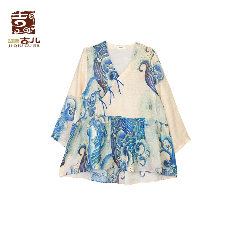 吉丘古儿浪花朵朵印花衬衫国风新中式复古时尚宽松小衫G242Y072