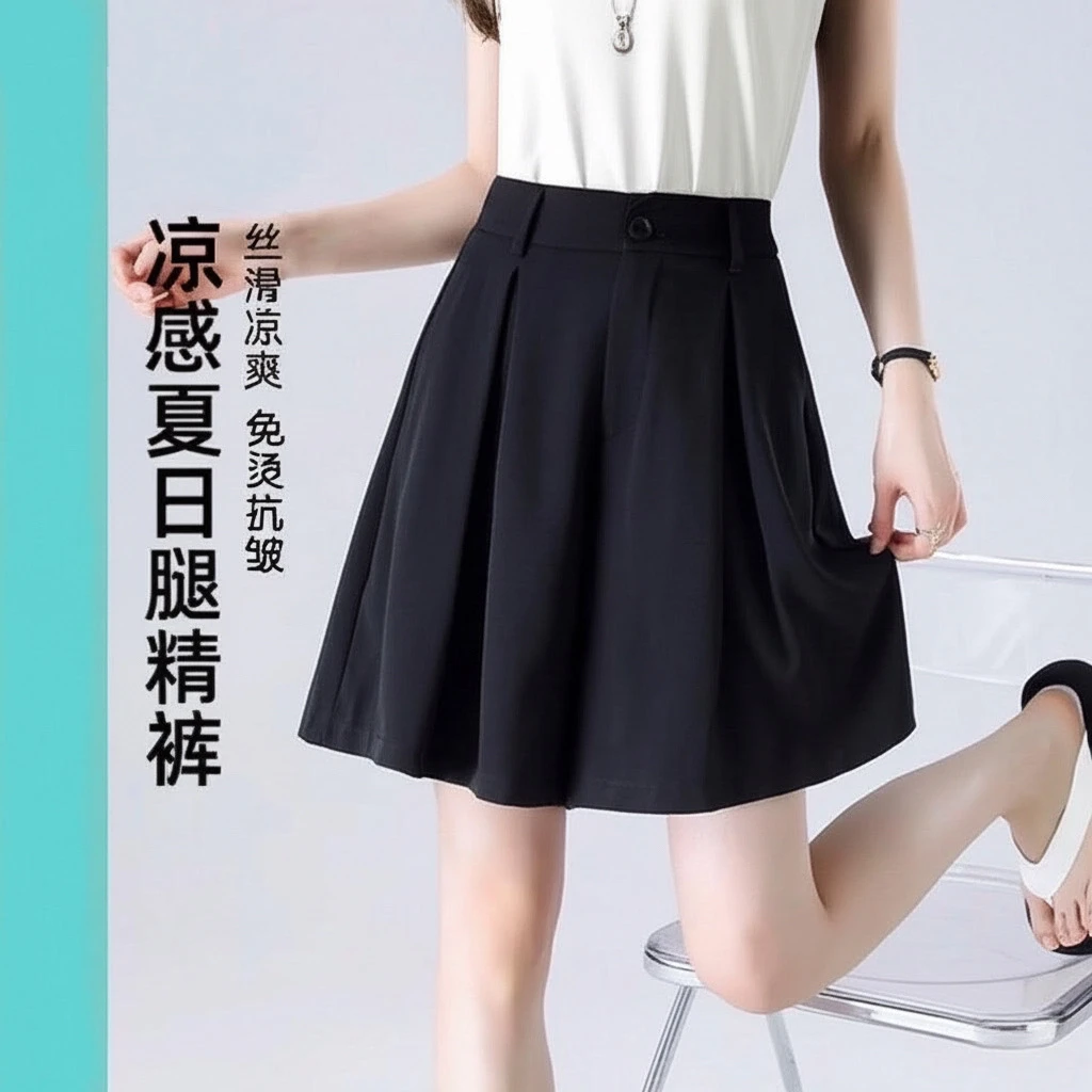 冰丝阔腿裙裤女2025夏季新款薄款高腰遮胯百搭A字西装五分裤短裤