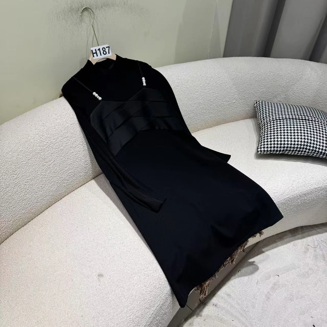 H187 春秋新款时尚正品长袖纯色中长款连衣裙