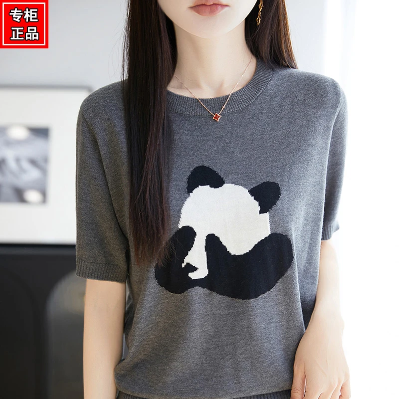 哥弟阿玛施正品圆领针织衫2025春夏新款女士熊猫图案宽松显瘦上衣