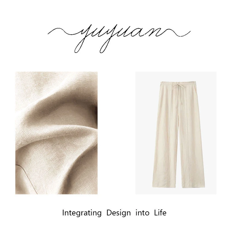 【媛宝】“三暮春”100%亚麻＋松紧腰抽绳直筒休闲裤-396