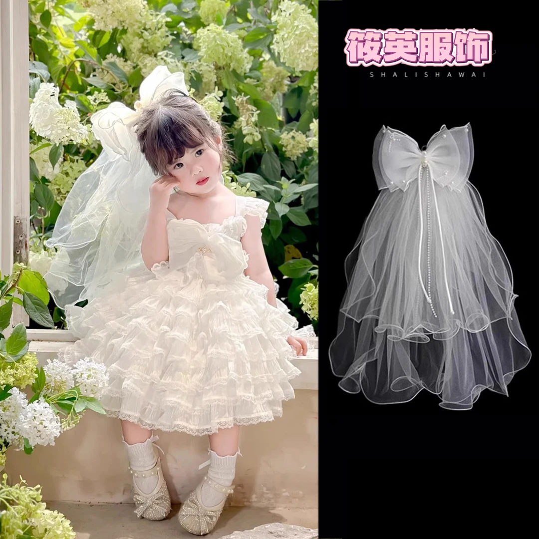 儿童头纱女童公主裙蝴蝶结头饰生日发夹宝宝花童发饰女孩发卡婚纱